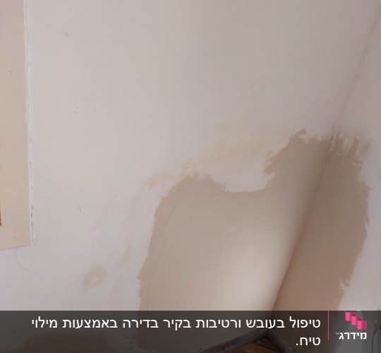 קיר עם תיקוני טיח וצביעה חלקית